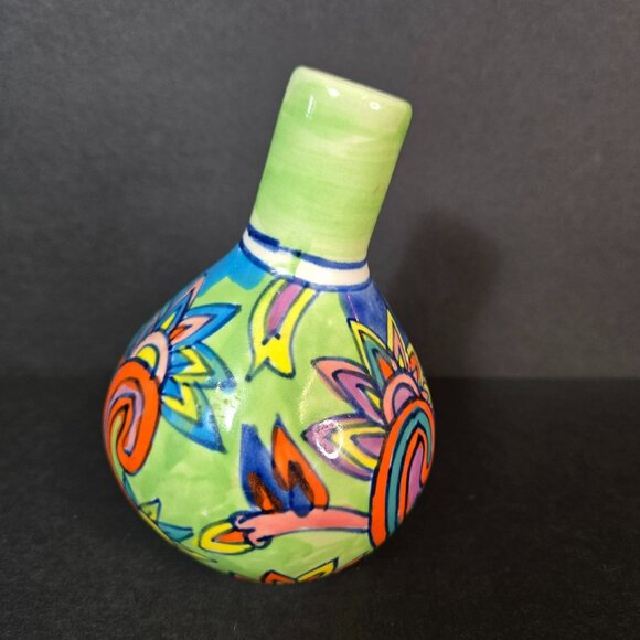 Hand-Painted Ceramic Bud Vase Green Tilted Neck Whimsical Colorful Floral Design - Picture 2 of 10